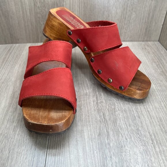 Bongo Wooden Platform Clog Sandal Size 9 Slip On Block Heel Open Toe Leather Red - Picture 7 of 12